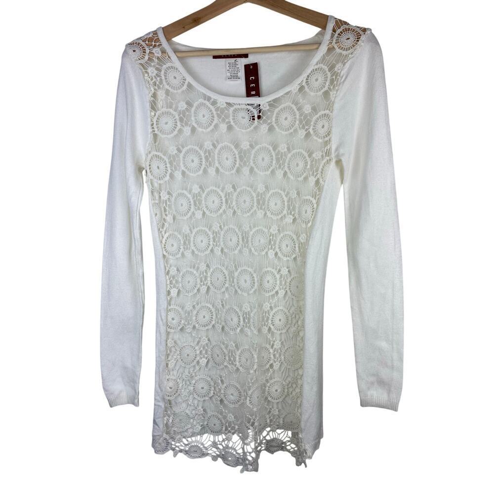 NWT Ceres Women's S Cream Lace Overlay Long Sleeve Mini Sweater Dress *